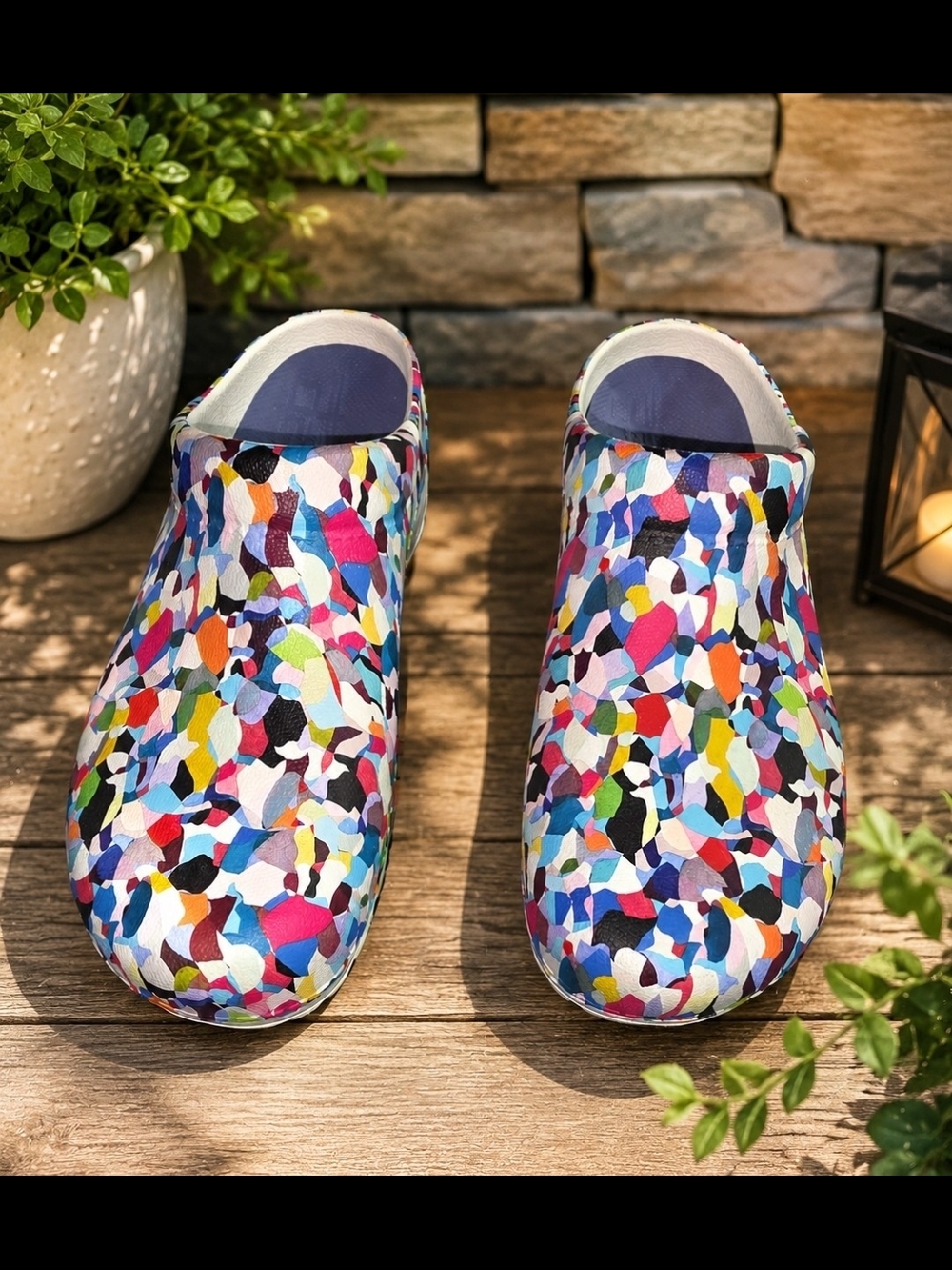 Dansko Multicolor Confetti Pattern Slip-On Clogs